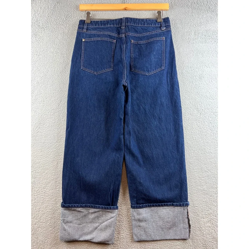 Kate Spade New York Wide Leg Cuffed Jeans Dark Wash Denim Cropped Blue Womens 8